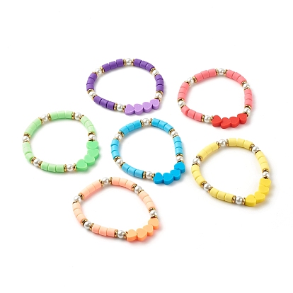 Heart Beads Stretch Bracelet for Girl Women, Polymer Clay & Non-magnetic Synthetic Hematite & Glass Pearl Beads Bracelet