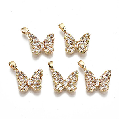 Brass Micro Pave Clear Cubic Zirconia Pendants, Nickel Free, Butterfly