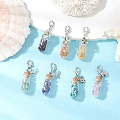 Чакра натуральный лазурит, аметист, сердолик, цитрин, гранат, зеленый авантюрин и синтетическая бирюзовая крошка внутри стеклянной бутылки желаний подвеска украшение, с подвесками из сплава океанских животных