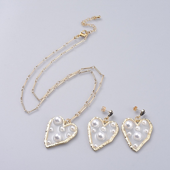 Epoxy Resin Dangle Earring & Pendant Necklace Jewelry Sets, with Enamel, ABS Plastic Imitation Pearl, Alloy and Brass Bar Link Chains, Heart