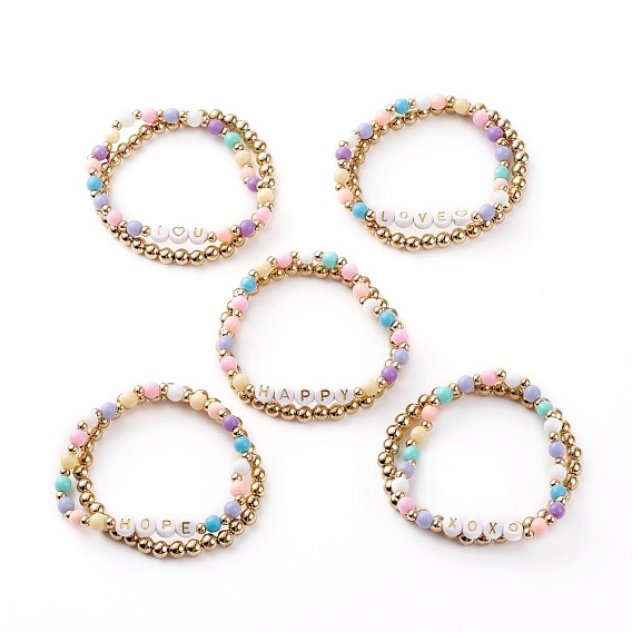 Letter Style Stretch Bracelets Sets, with CCB Plastic & Acrylic & Brass Beads