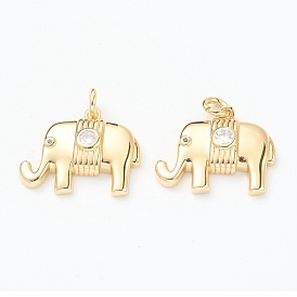 Brass Micro Pave Clear Cubic Zirconia Pendants, Long-Lasting Plated, with Jump Ring, Elephant