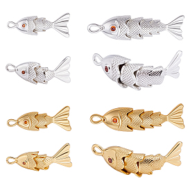 8Pcs 4 Styles Brass Micro Pave Clear Cubic Zirconia Pendants, Fish Charms