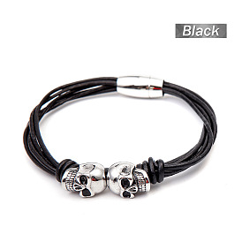 Браслеты из нержавеющей стали и кожаного шнура для мужчин в стиле панк-череп, античное серебро