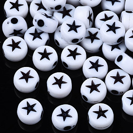 Opaque Acrylic Beads, Flat Round with Star