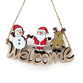 Reindeer Santa Claus Snowman Hanging Wooden Ornaments, with Rope, Wooden Decor for Christmas Party, Word Welcome