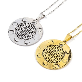 304 Stainless Steel Necklaces, Flat Round with Flower of Life Pendant Necklaces