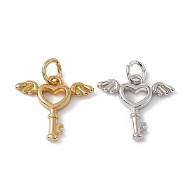 Rack Plating Brass Pendants, with Jump Ring, Long-Lasting Plated, Lead Free & Cadmium Free, Heart Key with Wing Charm