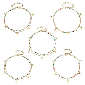 304 Stainless Steel & Brass Double Layer Chain Anklets, Enamel Style, with Golden Plated Charms