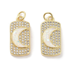 Brass Micro Pave Clear Cubic Zirconia Pendants, with Synthetic Opal and Jump Rings, Real 18K Gold Plated, Rectangle with Moon Charms