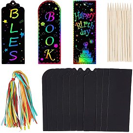 Bookmarks Making Kit, with Blank Paper Cards with Hole, Ribbon and Bamboo Sticks, for DIY Scratch Art Paper Magic Bookmark Gift Tags
