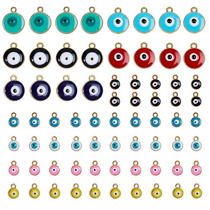 Light Gold Plated Alloy Charms, with Enamel, Flat Round with Evil Eye
