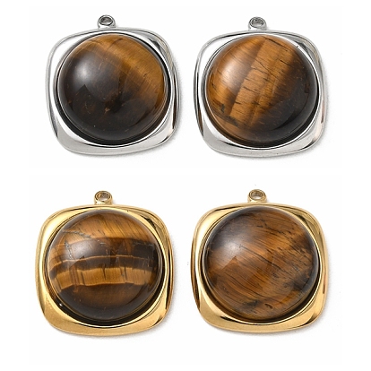 Природных тигровый глаз подвески, 304 Квадратные подвески из нержавеющей стали в оправе