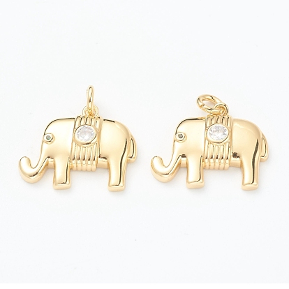 Brass Micro Pave Clear Cubic Zirconia Pendants, Long-Lasting Plated, with Jump Ring, Elephant