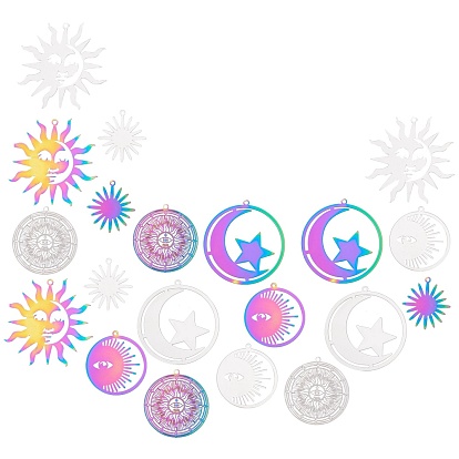 20Pcs 5 Styles 201 Stainless Steel Filigree Pendants, Etched Metal Embellishments, Moon & Star