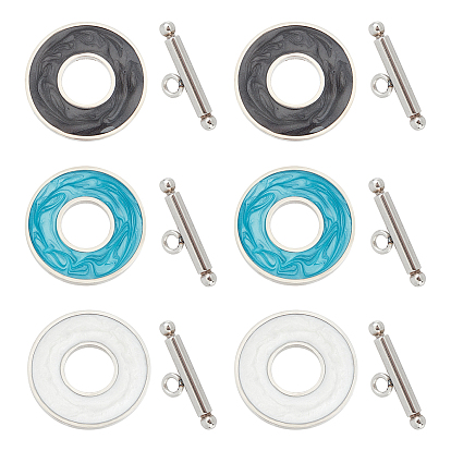 6Sets 3 Colors 304 Stainless Steel Toggle Clasps, with Enamel, Ring, Stainless Steel Color