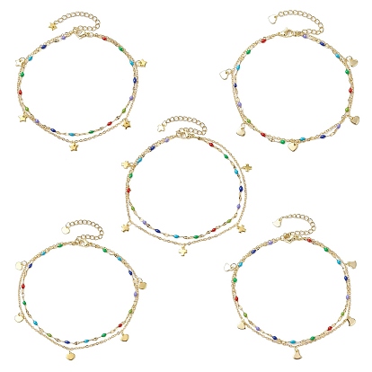 304 двухслойные цепочки из нержавеющей стали и латуни на щиколотку, Эмаль стиле, с позолоченными подвесками