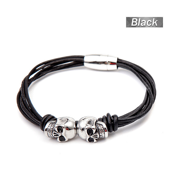 Браслеты из нержавеющей стали и кожаного шнура для мужчин в стиле панк-череп, античное серебро