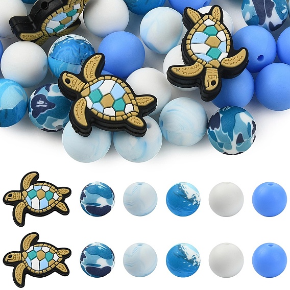37Pcs 6 Styles Silicone Beads, Sea Turtle & Round