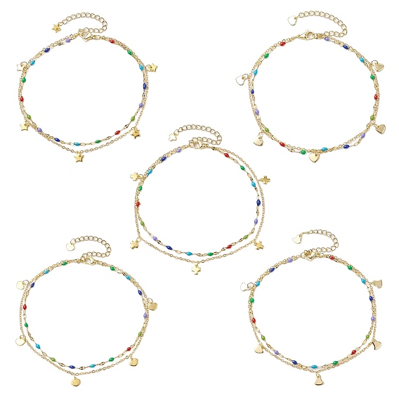 304 двухслойные цепочки из нержавеющей стали и латуни на щиколотку, Эмаль стиле, с позолоченными подвесками