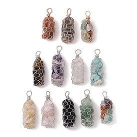Rack Plating Copper Wire Wrapped Natural Gemstone Chip Big Pendants, Macrame Gems Charms, Cadmium Free & Lead Free