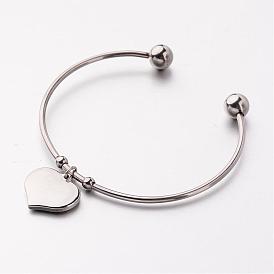 304 Stainless Steel Cuff Bangles, Heart Charm Bangles, 61mm