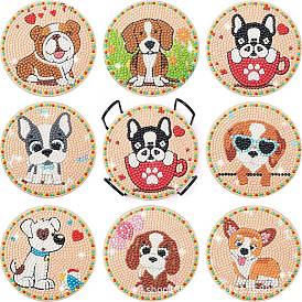 DIY Dog Theme Diamond Painting Wood Cup Mat Kits, Including Coster Holder, Resin Rhinestones, Diamond Sticky Pen, Tray Plate and Glue Clay