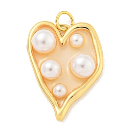 Rack Plating Brass & Epoxy Resin Pendants, Heart Charms with Plastic Beads, Long-Lasting Plated, Lead Free & Cadmium Free