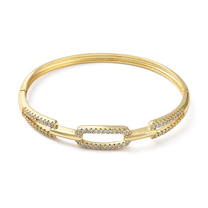 Rack Plating Brass Micro Pave Clear Cubic Zirconia Hollow Oval Hinged Bangles, Cadmium Free & Lead Free