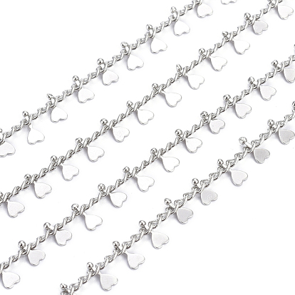 Handmade Brass Curb Chains, with Heart Charms and Spool, Soldered, Long-Lasting Plated