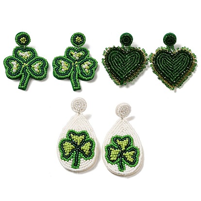 Saint Patrick's Day Glass Seed Beaded Dangle Stud Earrings, 304 Stainless Steel Long Drop Earrings