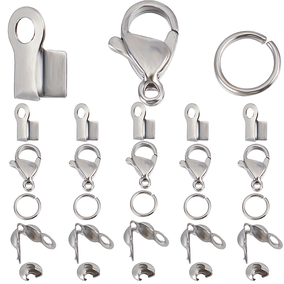 Набор для поиска поделок для изготовления ювелирных изделий, включая 304 загнутые концы обжимного шнура из нержавеющей стали, кончики бусин, крышки обжимных бусин, застежки-карабины и соединительное кольцо.