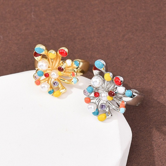 Открытые кольца манжеты из латуни с микропаве и кубическим цирконием, фейерверк, с эмалью и абс пластика имитация жемчуга, покрытие арака, долговечный, без кадмия и без свинца