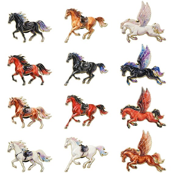 12 pièces 12 styles épingles à revers en alliage émaillé à motif cheval, badge créatif pour les vêtements de sac à dos, or et de lumière