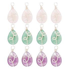 12 шт. 3 стили подвески из натурального смешанного камня, натуральный розовый кварц, аметист и зеленый авантюрин, очарование слезы, с серебристой экологически чистой медной проволокой, обернутой