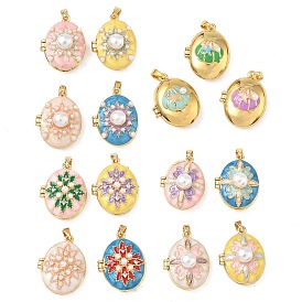 Латунь эмаль Locket подвески, с пластиковой имитационной жемчужиной, овальные амулеты, золотые
