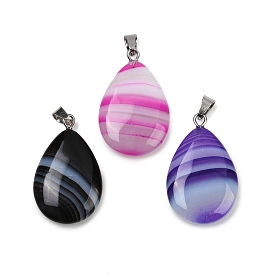 Dyed Natural Banded Agate Pendants, Teardrop Charms with 201 Stainless Steel Bails, Stainless Steel Color