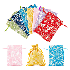 Nbeads 21Pcs 7 Colors Polyester Pouches, Drawstring Bag, Rectangle with Floral Pattern