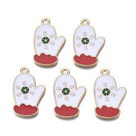 Christmas Rack Plating Alloy Enamel Pendants, Cadmium Free & Nickel Free & Lead Free, Glove with Snowflake, Light Gold