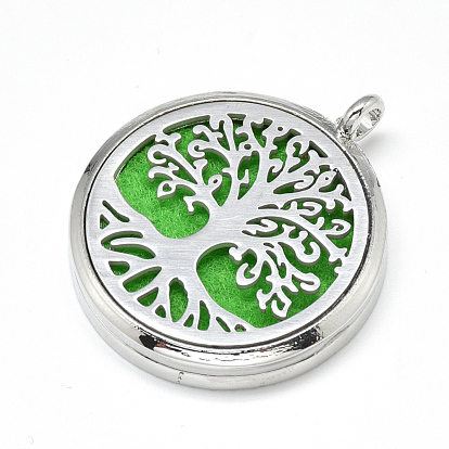 Alloy Diffuser Locket Pendants, with 304 Stainless Steel Findings and Random Single Color Non-Woven Fabric Cabochons Inside, Magnetic, Flat Round with Tree of Life