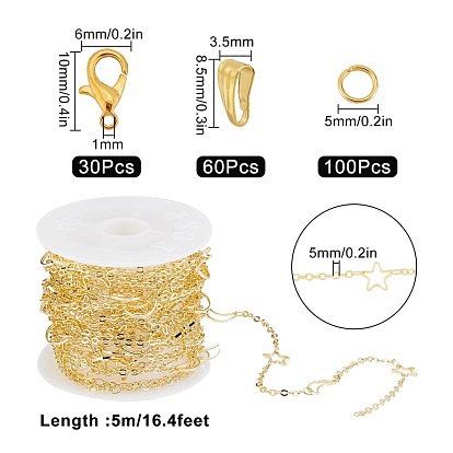 SUNNYCLUE DIY Star & Moon Link Chain Necklaces Kits, Including 5m Real 18K Gold Plated Brass Chains, Zinc Alloy Lobster Claw Clasps, Iron Jump Rings & Snap on Bails