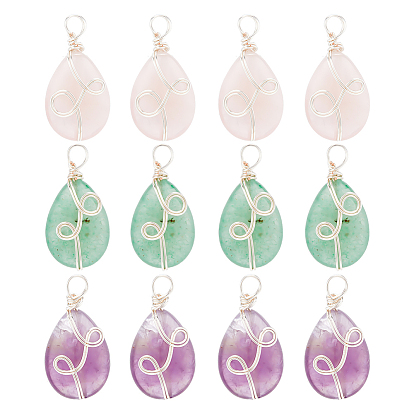12 шт. 3 стили подвески из натурального смешанного камня, натуральный розовый кварц, аметист и зеленый авантюрин, очарование слезы, с серебристой экологически чистой медной проволокой, обернутой