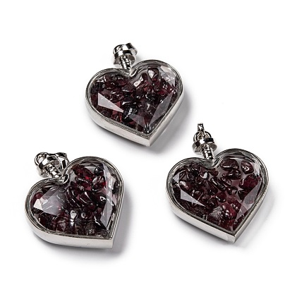 Glass Bottle Pendants, with Natural Gemstone Chips and Platinum Plated Alloy Findings, Heart