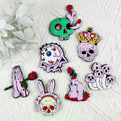 Halloween Printed Acrylic Pendants, Skull with Ribbit/Crown/Mushroom/Bloody Eyeball Charms