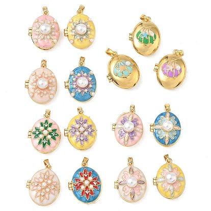 Латунь эмаль Locket подвески, с пластиковой имитационной жемчужиной, овальные амулеты, золотые