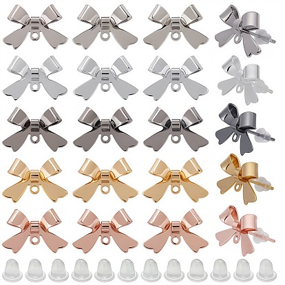 50Pcs 5 Colors Bowknot Brass Stud Earring Findings, with Loops and 100Pcs Plastic Ear Nut