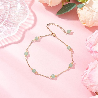 Окрашенный круглый натуральный малайзийский нефрит и 304 цепочка из нержавеющей стали, золотые