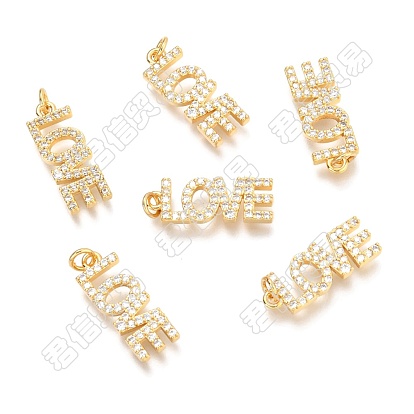 5 pcs laiton micro pavé pendentifs en zircone cubique claire, avec des anneaux de saut, mot d'amour