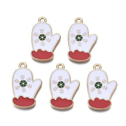 Christmas Rack Plating Alloy Enamel Pendants, Cadmium Free & Nickel Free & Lead Free, Glove with Snowflake, Light Gold