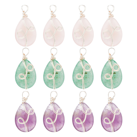 12 шт. 3 стили подвески из натурального смешанного камня, натуральный розовый кварц, аметист и зеленый авантюрин, очарование слезы, с серебристой экологически чистой медной проволокой, обернутой